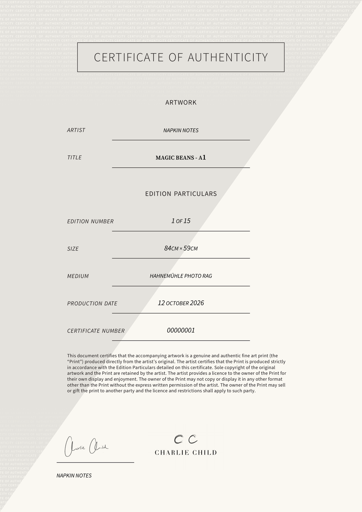 Magic beans - A1 — Certificate of Authenticity