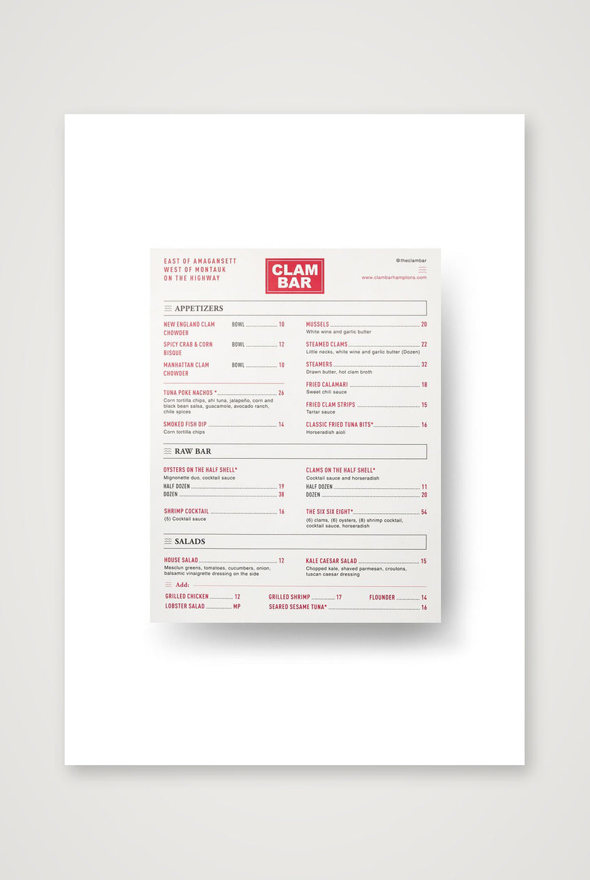 Menu at Clam Bar — A4 (21×30cm, 8×12") Print only