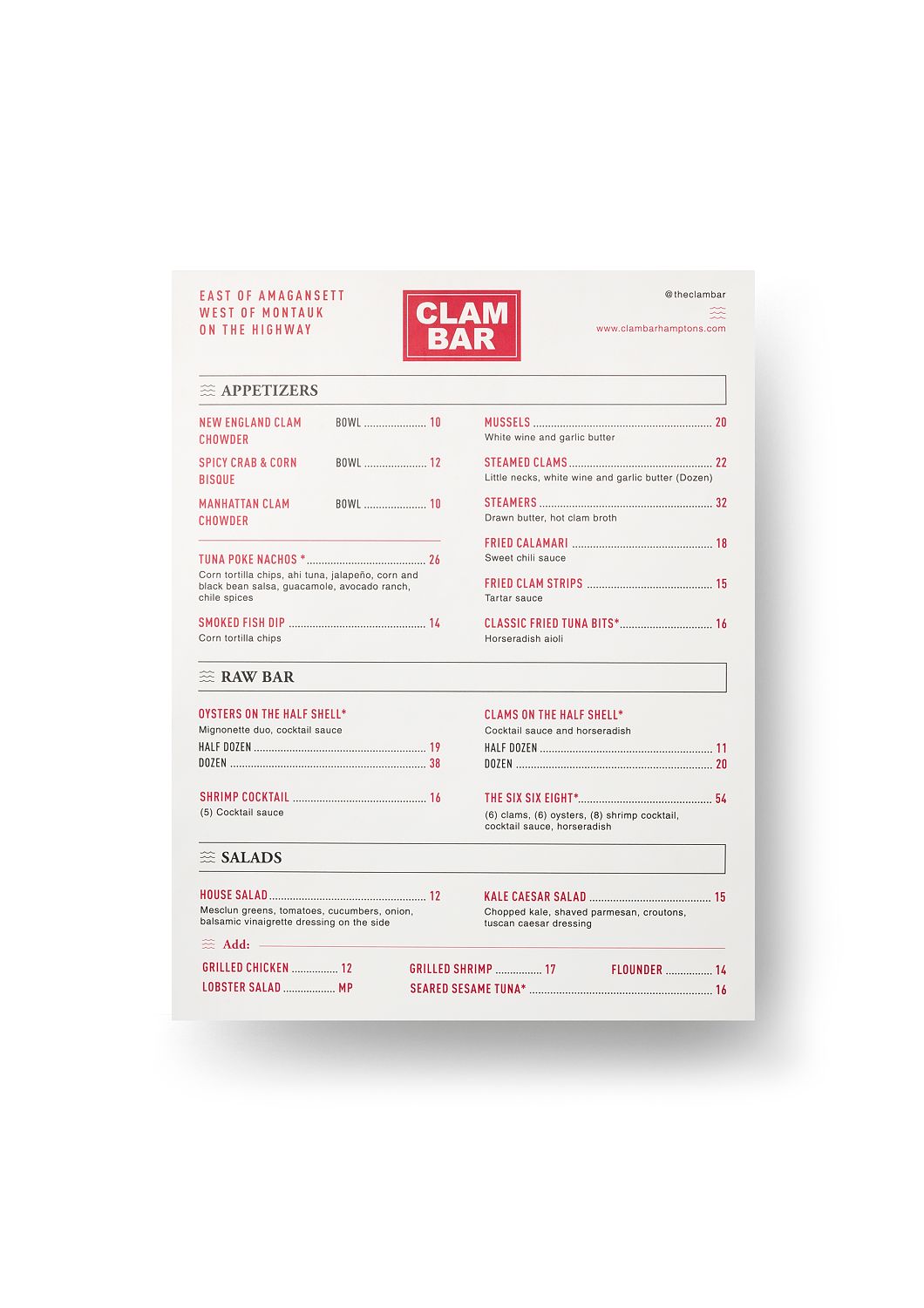 Menu at Clam Bar