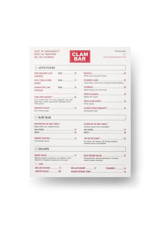 Menu at Clam Bar