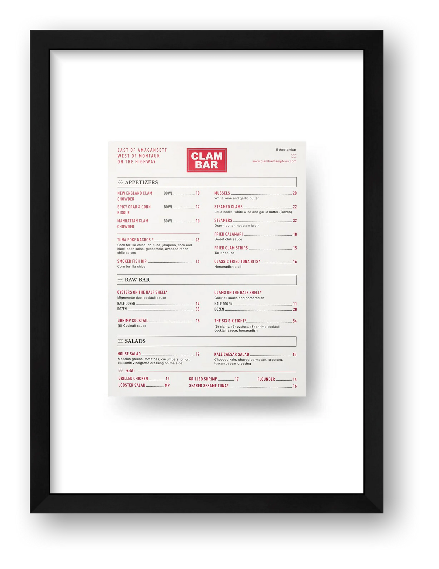 Menu at Clam Bar — framed